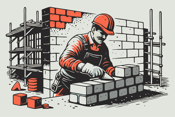 Bricklayer at Work: Vibrant Vector Illustration of Construction Scene with Scaffolding and Precision Craftsmanship Vector Illustration
