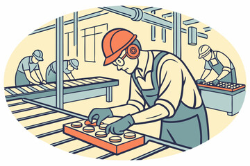 Assembly Line Workers in Factory, Safety Helmets, Gloves, Industrial Production, Manufacturing Environment