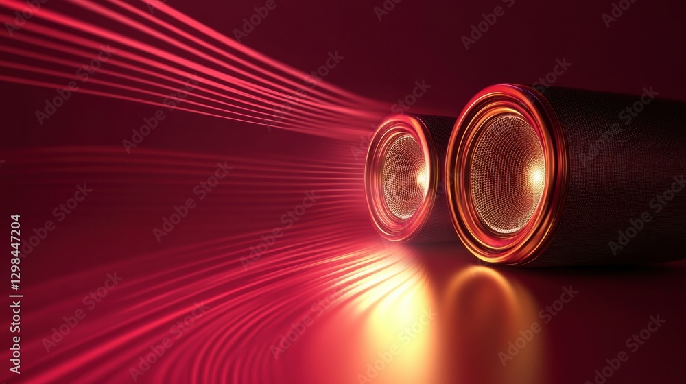 Leinwandbilder 3d speakers creating vibrant light waves in a darkened space glowing with warm red tones. generative