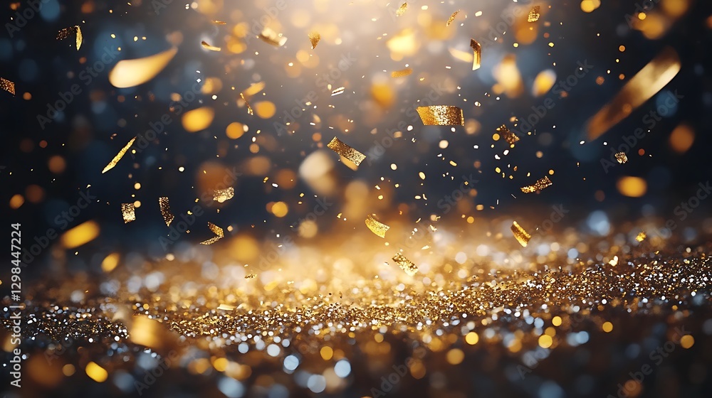 Poster a background of golden confetti falling on a black backdrop, creating an elegant and festive atmosph