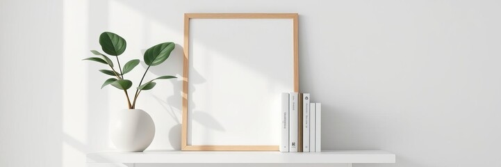 Scandi style interior mockup with wooden frame, green plant, books, shelf on white wall background a4 a3 size 3d illustration, green plant, mockup