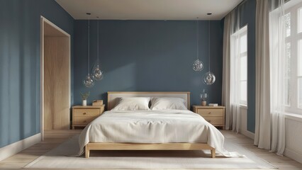 Scandinavian-Inspired Bedroom Featuring Wooden Furniture with Blue Walls and Natural Lighting Design