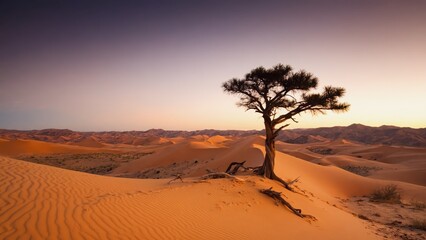 Lone Tree Standing Tall in a Golden Sunset Desert Landscape