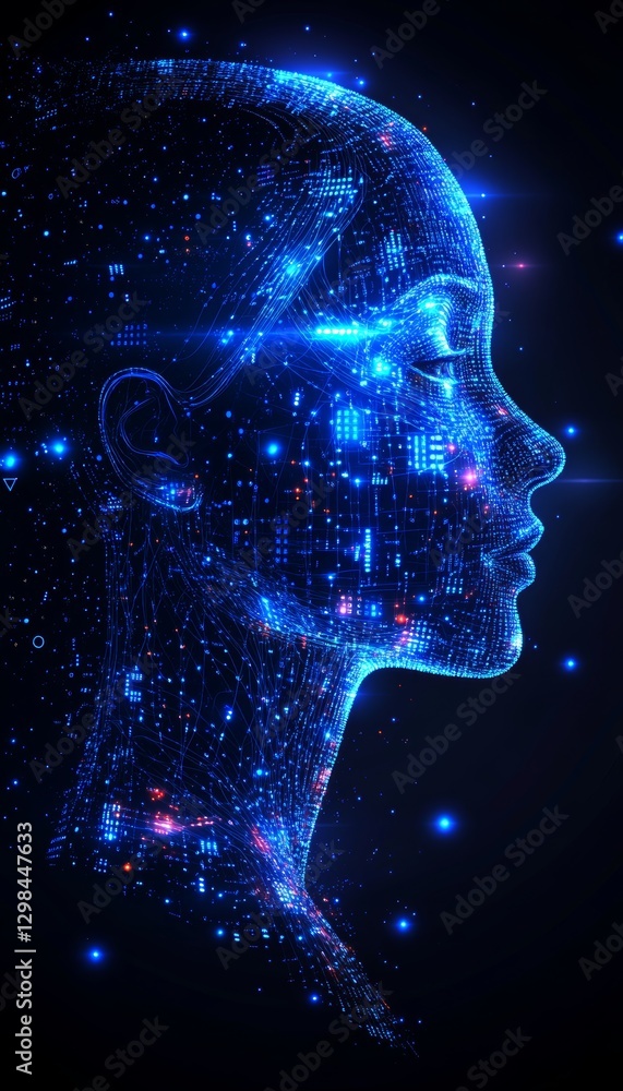 Poster artificial intelligence. woman head profile with glowing binary code, circuit. technology concept.