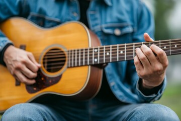 Obraz premium Stylish Musician Playing Acoustic Guitar in Bohemian Vibe Outdoors