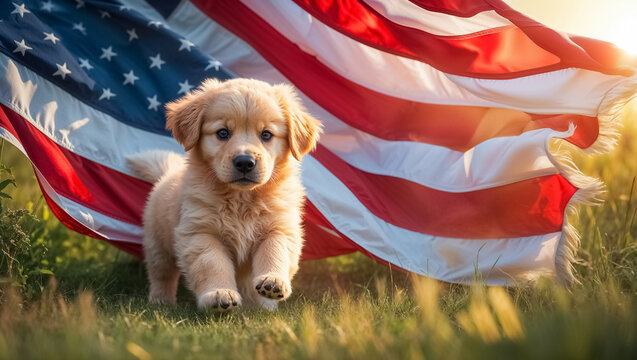 cute dog Golden Retriever, American flag, outdoor
