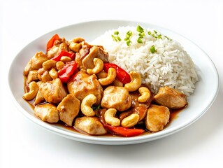 Cashew Chicken and Rice: A plate of tempting cashew chicken served alongside a portion of fluffy white rice, arranged for visual appeal.