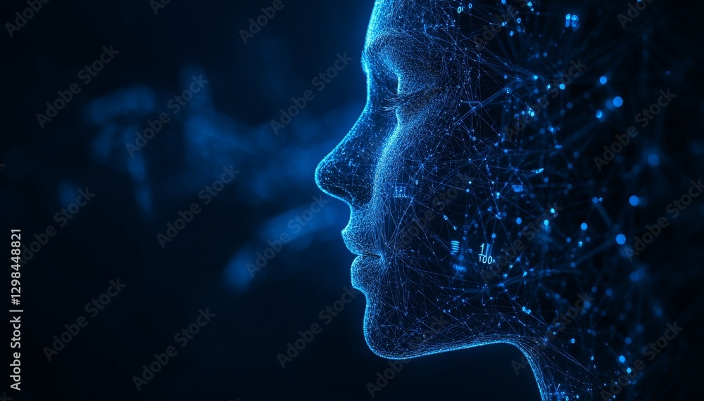 Poster digital human face outline filled with interconnected circuits, 1s and 0s on dark background