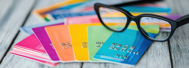 Colorful credit cards arranged on wooden surface with glasses nearby