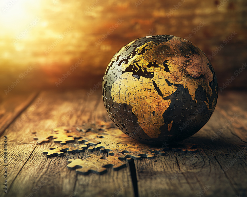 Poster A puzzle-shaped globe with missing pieces on a wooden surface, symbolizing a world in progress or in need of completion, representing challenges and the concept of global unity.