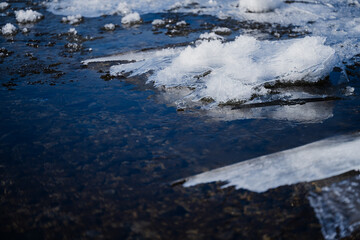 mountain river with pebbles at the bottom covered with ice with patterns