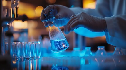 Scientist Handling Glowing Blue Liquid in Laboratory, Scientist in a lab coat handling a glowing blue liquid in a flask, surrounded by test tubes
