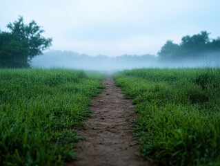 Obraz premium Foggy Path through a Green Meadow