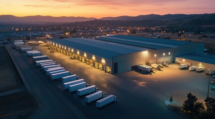 Obraz premium Aerial View of Illuminated Warehouse Distribution Center at Twilight