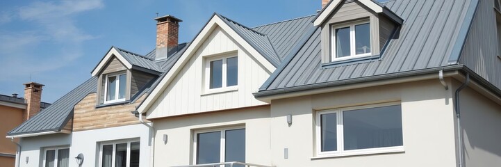 Modern house with zinc facade cladding and slate roof extension, renovation, exterior