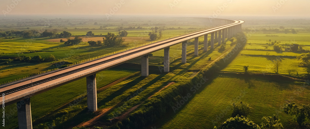 Poster aerial view of a modern elevated railway bridge stretching over green fields, symbolizing progress, 