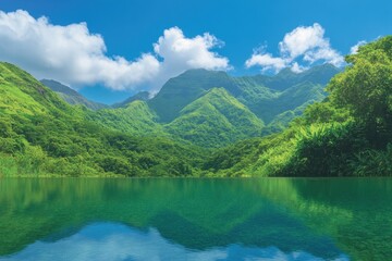 Fototapeta premium Lush mountains reflect on calm water under bright blue sky with
