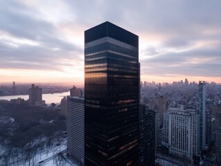 Fototapeta premium Skyscraper Reflecting Sunset in Cityscape