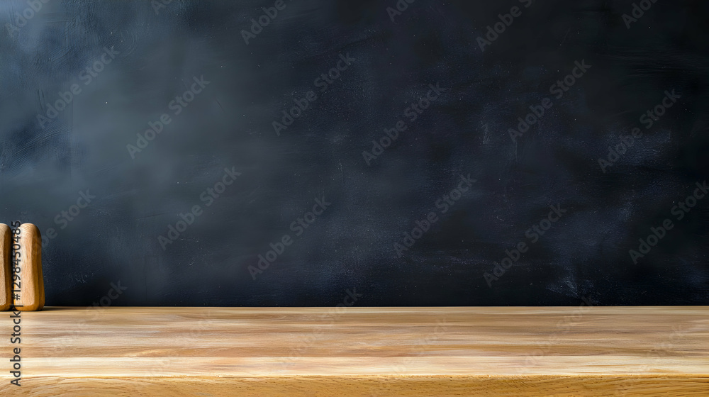 Poster rustic wooden table and textured dark wall background with empty space