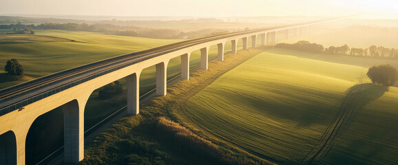 Fototapeta premium Aerial view of a large elevated highway bridge crossing over a vibrant green rural landscape at sunset, symbolizing modern transportation and infrastructure development.