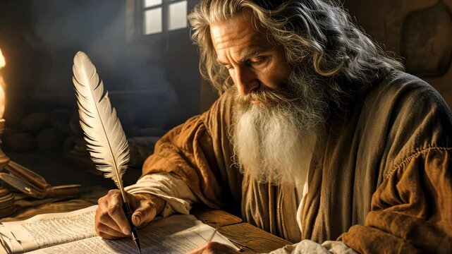 Apostle of Jesus Christ writing the book of Revelation inspired by the Holy Spirit 4K