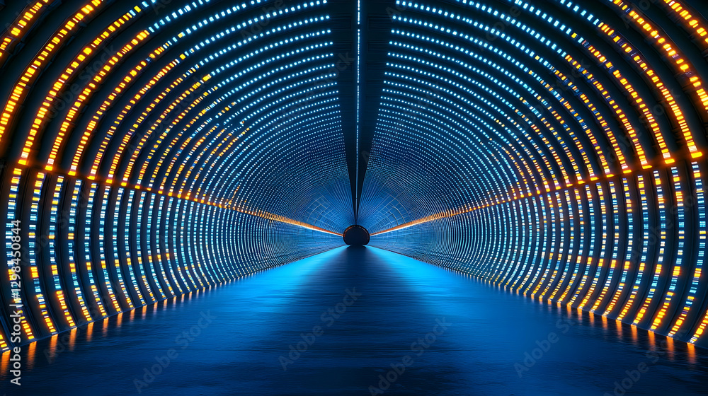 Poster illuminated tunnel with blue and orange lights reflecting on a dark surface creating a symmetrical g