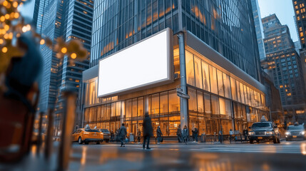 A bustling city intersection features a towering skyscraper with a large empty billboard ready for creative advertising. The urban environment buzzes with pedestrians and traffic