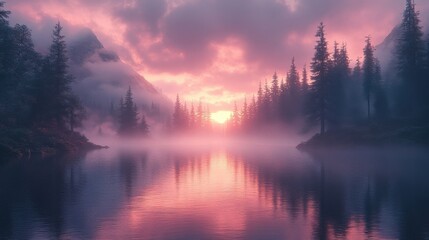 Fototapeta premium Pink Sunset over Misty Lake and Mountains
