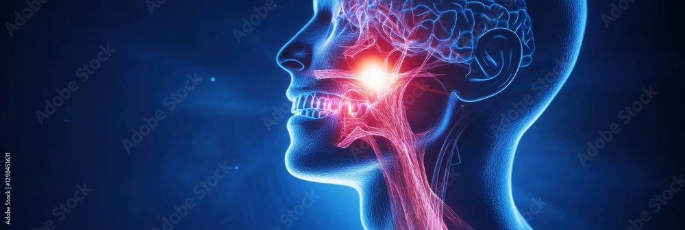 Poster detailed representation of human anatomy highlighting the facial features and neural pathways in a s