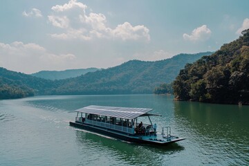 Fototapeta premium Ecotourism on a solar boat sustainable lake adventure in serene landscapes
