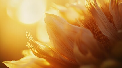 A close up view of a sunflower under warm sunlight