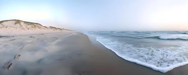 A panoramic shot depicts a serene beach at twilight, with gentle waves meeting sandy dunes.