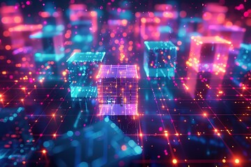 Fototapeta premium A digital world of neon cubes and glowing squares in perfect alignment, creating a matrix-like abstraction