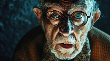 Elderly man with wide eyes and glasses, expressing surprise in a dimly lit room with a mysterious background