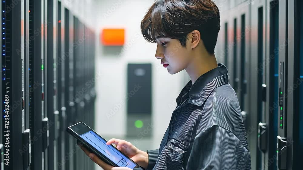 Poster caucasian female worker engages in data processing within a server room during working hours, data p