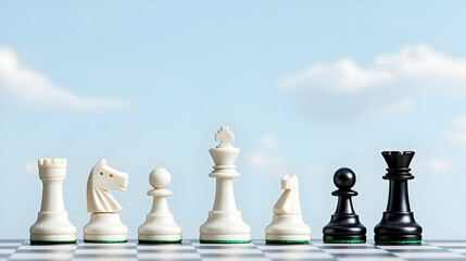 Chess Pieces on a Board with a Cloudy Sky Background Displaying Strategy and Competition