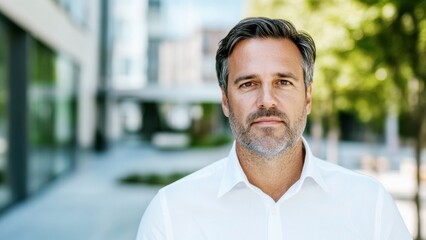 Confident middle-aged businessman in a white shirt standing outside, thoughtful entrepreneur, focused executive company employee corporate portrait, professional headshot