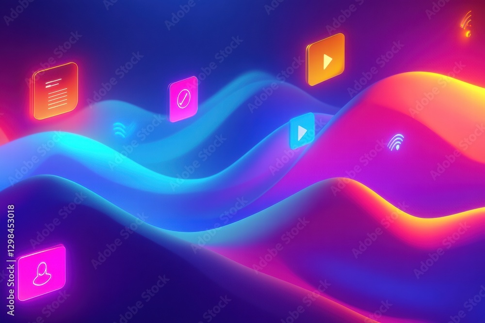 Leinwandbilder colorful digital waves with various multimedia icons representing technology and connectivity. gener