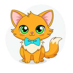 Obraz premium This is a cartoon vector illustration of a cute red kitten with big green eyes and a blue bow sitting on its paws. Kawaii style, chibi-style characters, nursery decor, gift