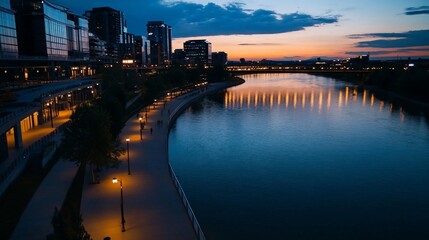 Naklejka premium Cityscape sunset river walk