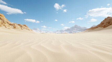 Naklejka premium Vast desert landscape under a clear blue sky with distant mountains and sand dunes in the foreground, serene view.