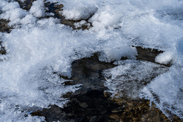 mountain river with pebbles at the bottom covered with ice with patterns