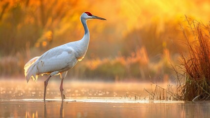 Naklejka premium Whooping Crane in Natural Habitat with Serene Mood in a Wetland Background
