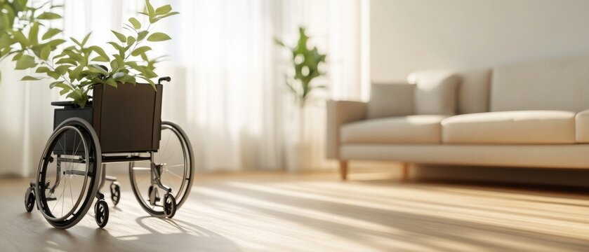 wheelchair as a planter in a bright living room
