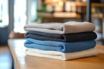 Multicolored organic whole cotton towels are neatly folded on the table to the right in a modern living room, creating a safe and eco-friendly feel.