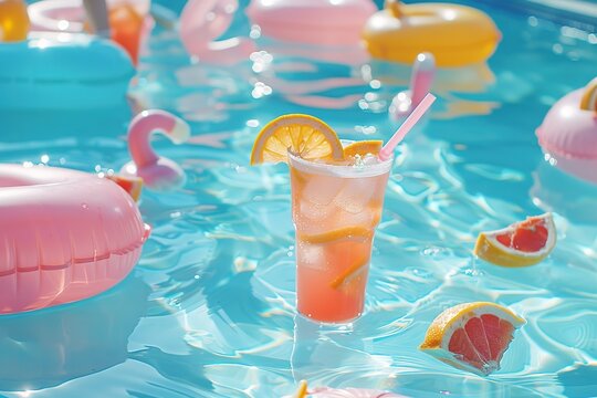 A fun summer pool party with colorful inflatables, cocktails, and people enjoying the sun