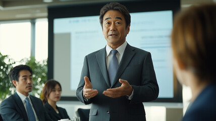 日本の企業の朝会でリーダーが社員に向けて話すシーン