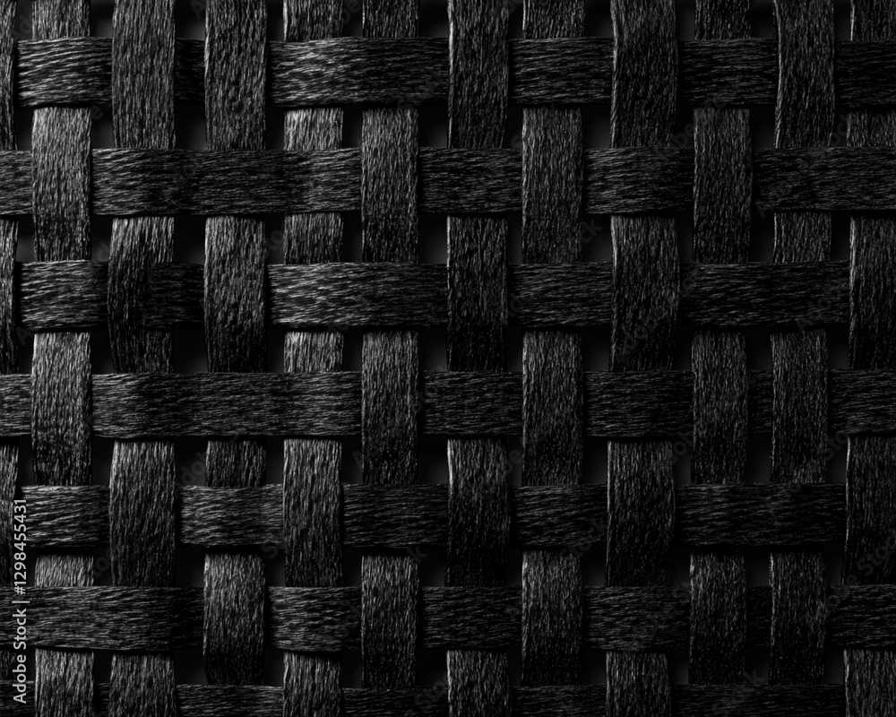 Poster close-up image of a black woven fabric, showcasing a detailed pattern of woven threads, symbolizing 