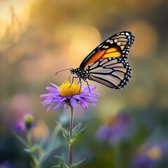 Fototapeta premium monarch butterfly on purple aster flower