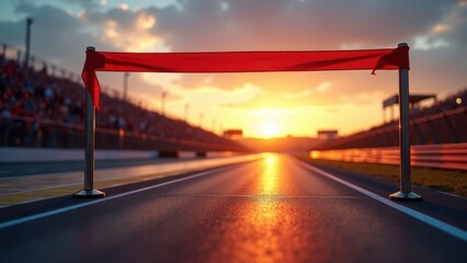 Finish line tape, A vibrant racing event with a glowing finish line tape at sunset on a reflective asphalt track.